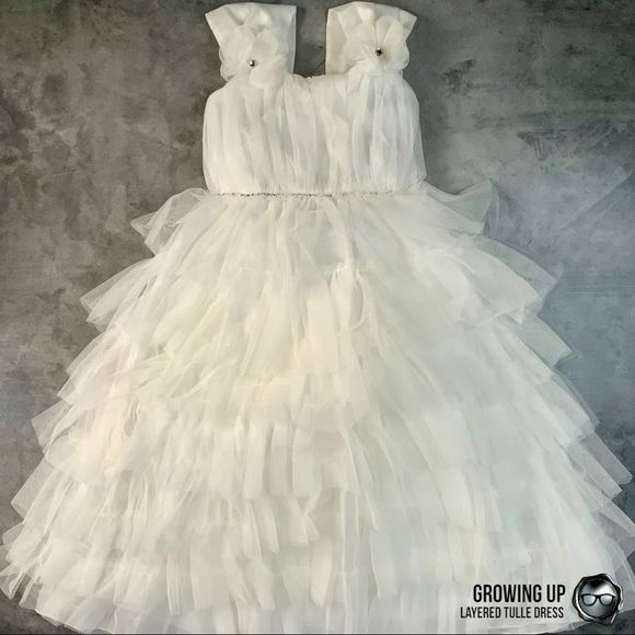 LAYERED MESH TULE PARTY DRESS IN OFF WHITE TEA LENGTH EMPIRE WAIST GIRLS SIZE 4 - Picture 3 of 15